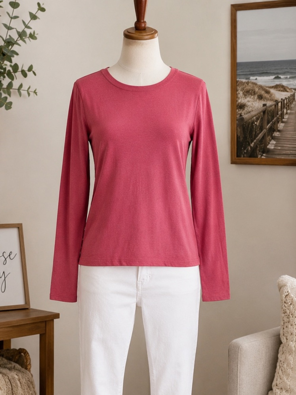 Old Navy EveryWear Women's Pink Long Sleeve Crew Neck T-Shirt Size S Soft Basic